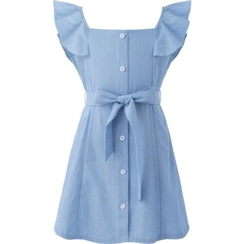 Kids Dress For Girls Summer Flutter Sleeves Denim Dress With Belt Dress Girl Teenage Vestidos Infantis Clohes 4 6 8 10 12 14Year