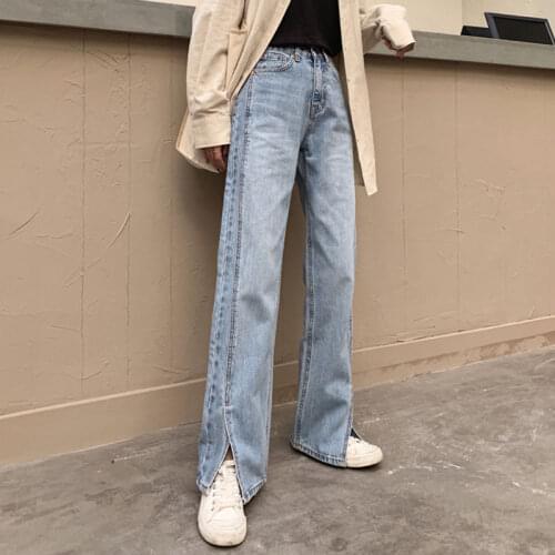 Jeans Women Wide Leg Side-slit Trousers Blue Womens Loose Hip-hop Streetwear Washed Jean Vintage High Waist All-match Stylish
