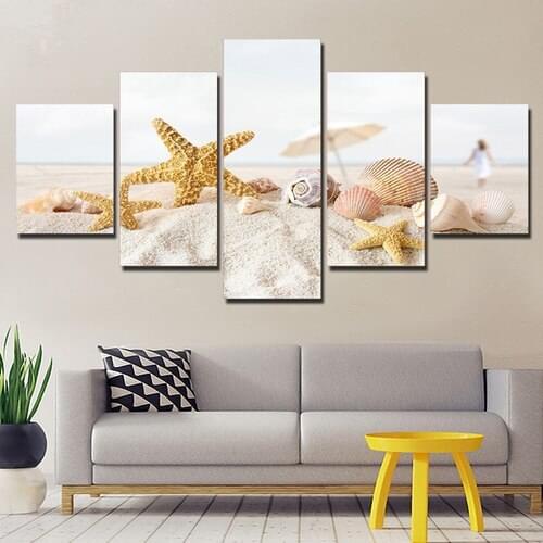 Canvas Pictures Wall Art Framework Home Decor 5 Pieces Beach Sand Shells Paintings Living Room HD Prints Starfish Conch Poster