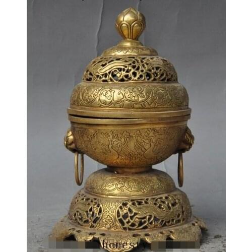 Chinese pure brass Carved flower foo dog head phoenix incense burner Censer