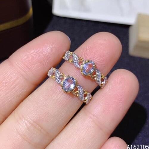 925 Pure Silver Chinese Style Natural Aquamarine Womens Luxury Classic Two Color Adjustable Gem Ring Fine Jewelry Support Detec