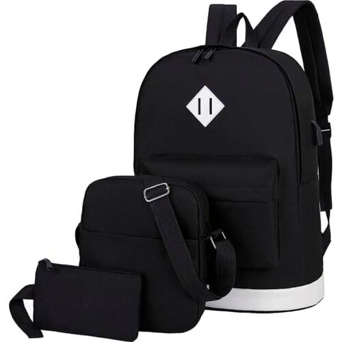 3-piece Set Solid Color Women Backpack Oxford New School Bag For Teenage Girls Charging Shoulder Bag 15.6 Inch Laptop Rucksack