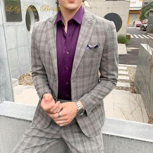 British Style Suit Two-piece Suits (Coat + Pants) Men Blazer 2020 New Men Suits High Quality Plaid Printed Slim Suit