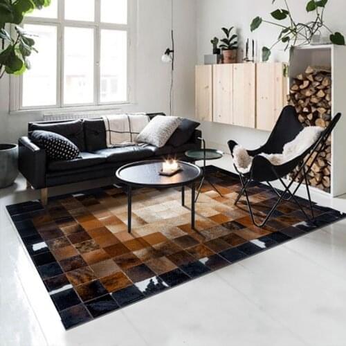 American style cowhide patchwork rug , big size genuine cow skin fur carpet, Brown color plaid decorative living room rug