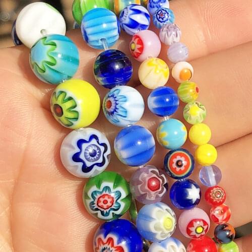 Round Millefiori Flower Patterns Stripe Lampwork Glass Spacer Beads for Jewelry Making DIY Bracelet Accessories 4 6 8 10mm