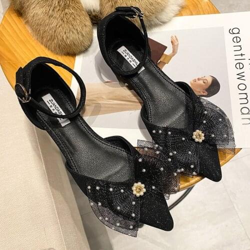 Fashion Pearl mesh bow-knot sandals women slippers summer shoes woman cover heels sandalias beads flower pointed toe sanddales