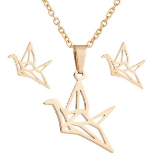 AsJerlya 316L Stainless Steel Animal Jewelry Sets Gold Silver Bird Necklace Stud Earrings For Women Girl Chain Necklaces Collier