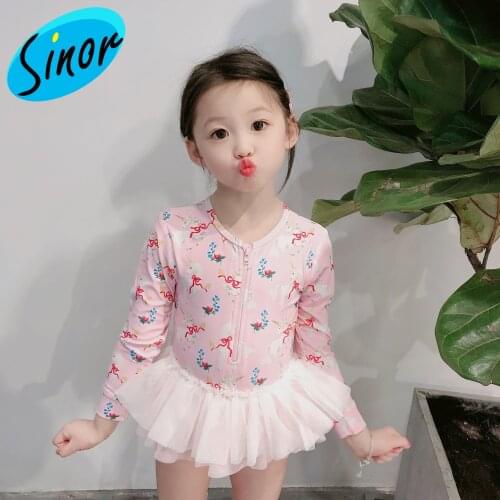 New Style Kids Swimwear Female Unicorn Cat Long Sleeve One-Piece Dress Sunscreen Swimsuit One Product Dropshipping