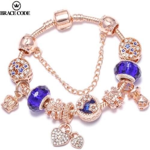 BRACE CODE Original Rose gold blue Classic Fine Bracelet Bangle DIY Love shape Crystal Charm Bracelet for Women Gift