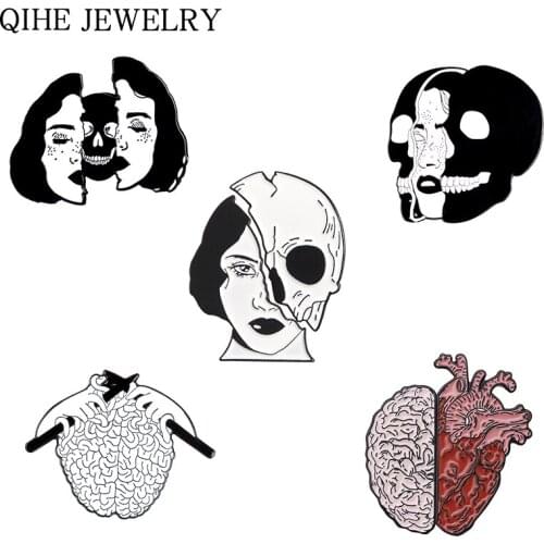 Punk Cold Women Skull Enamel Pins Human Heart Brain Organ Skeleton Brooches Pins Set Gothic Halloween Badge Jewelry