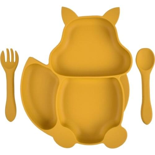 Food Grade Silicone Squirrel Shape Baby Divided Feeding Plate with Spoon Fork Set Training Food Utensil Dinnerware
