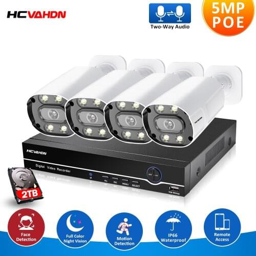 Full color night 5MP NVR Kit 4CH POE Camera System Human/Face Detection Two-way Audio Ai IP Camera Outdoor Security Camera