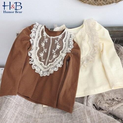 Humor Bear Girls' Bottoming Shirt New Spring Autumn Round Neck Fashion Lace Patchwork Princess Style Sweet Kids Top