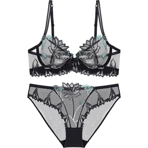 Sexy Ultra Thin Transparent Flower Embroidery Bra and Panties Set Underwear with Stones Mesh See Through Bra Women Lingerie