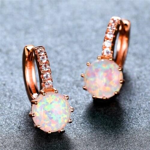 Simple Female White Opal Stone Earrings Charm Rose Gold Color Small Clip Earrings For Women Cute Bridal Round Wedding Earrings