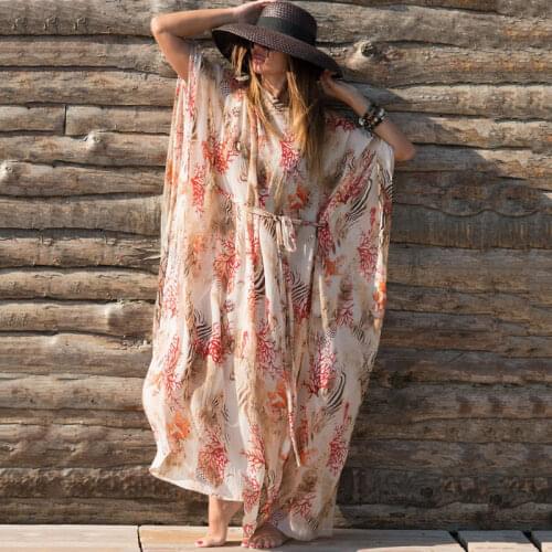 Chiffon Robe Swim Cover Up for Women 2021 Loose Print See Through Short Sleeve Pareo Beach Bikini Blouse Bohemia Long Dress