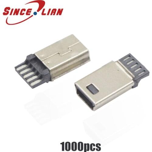 SINCELIAN 1000Pcs LCP Mini USB 5 Pin Plug DIY SMT Connector Silver Tone Dark Gray Dock Plug Jack Socket Original Mini usb