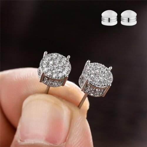 Punk Silver Color Wedding Earrings White Round Small Stone Earrings Male Female Hip Hop Crystal Earrings For Women Men Jewelry