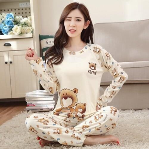 Spring Autumn Womens Sleep Lounge Pajama Long Sleeved Woman Pajama Set CartoonPrint Pyjamas Cotton Sleepwear