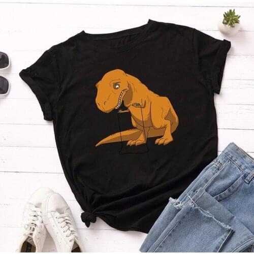 Women Cotton 100% Summer T Shirt Casual Short Sleeve Dinosaur Rope Skipping Print Female Plus Size Fashion Shirt Ladies Tee Tops