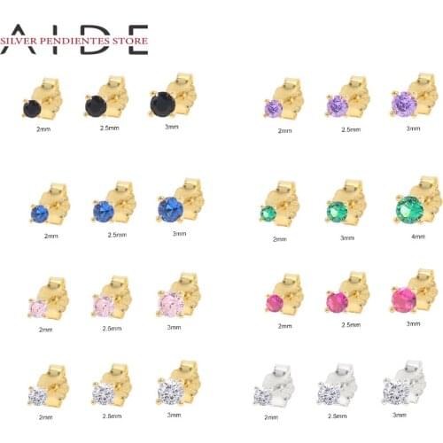 AIDE 3PCS 925 Sterling Silver Mini Stud Earrings For Women Trend Jewelry 2/3mm Pink Green Purple Zircon Earrings Jewelry Brincos