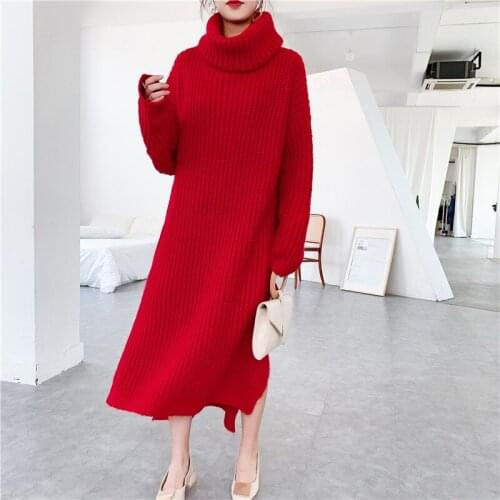Big Size Women Fashion Loose Casual Sweater Dress Turtleneck Long Sleeve Thick Knit Dress Winter Oversize Warm Irregular Dress