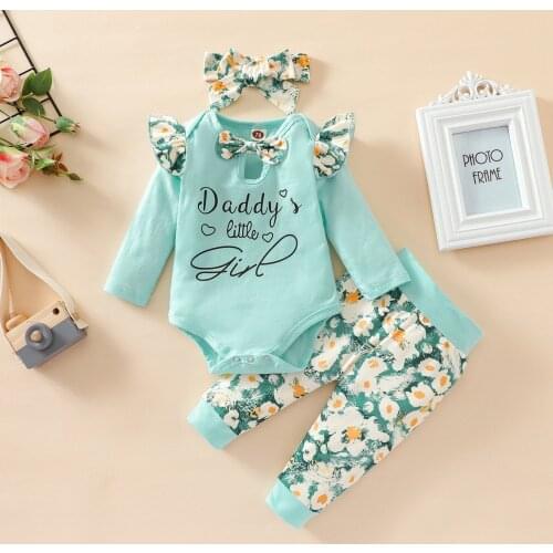 3Pcs Baby Girls Outfit Bow Tie Long Sleeve Hollow Round Collar Letter Romper + Floral Printing Long Pants + Headwear Set
