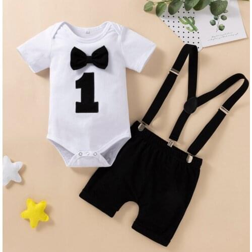 4# First Birthday childrens clothing Baby Boy Bow Tie Romper Bodysuit Funny Outfits Set Round Neck Short Sleeve Babys Sets