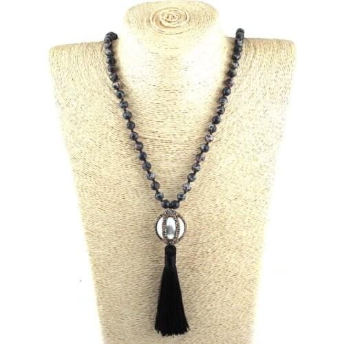 Free Shipping Fashion Bohemian Tribal Jewelry Empire Stone Knotted Big Pearl Pave Ball Tassel Necklace