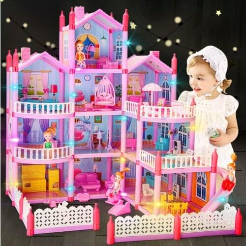 Princess Big Villa DIY Dollhouses 3D Lighting Pink Castle Play House With Slide Yard Kit Assembled Doll House Toys Gift For Girl