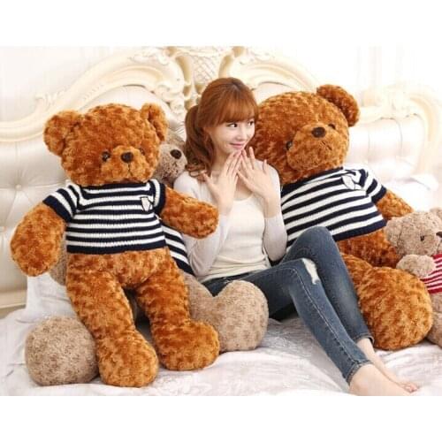 Large 100cm brown teddy bear plush toy blue stripes sweater bear doll, birthday gift w3073