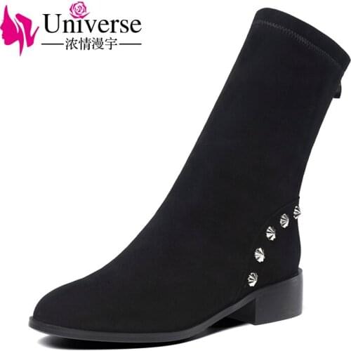 Universe black kid suede women boots with rivet comfy low heel shoes warm winter ladies round toe mid calf boots G367