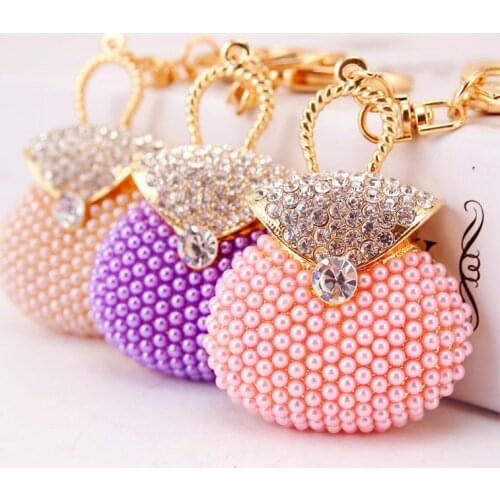 Cute Women bag Keychain Pearl Cars Keyrings Lady Gifts Key Rings Women Bag Charms Keychains Pearl Crystal jewelry 3 Colors