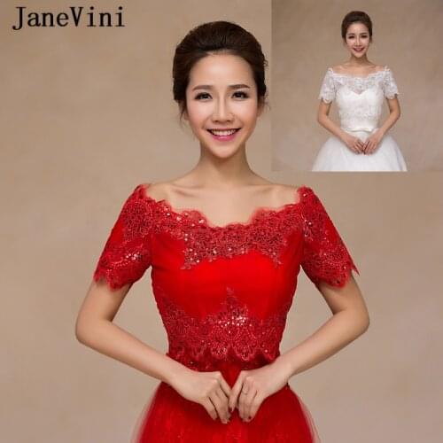 JaneVini 2019 Luxury Red/White Summer Wedding Cape Cloak Lace Appliques Sequined Tulle Bridal Jacket Bolero Wedding Accessories