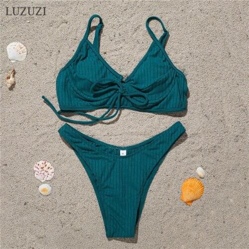 LUZUZI Womens Swimming Suit High Cut Swimwear Women 2021 Sexy Bikini Solid Push Up Swimsuit Female String Knot Bathing Suit