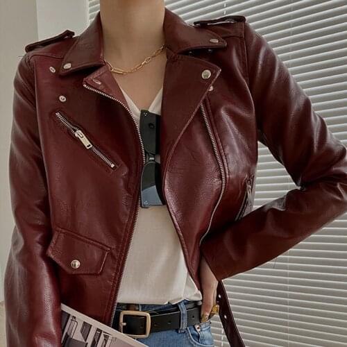 Korean Streetwear Fashion Wine red Short PU Leather Jacket Women Vintage Slim Long-sleeve Motorcycle Biker Jacket Spring Casual