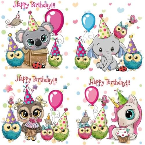 Happy Birthday Koala Elephant Unicorn Owl Iron On Patches Heat Transfers Vinyl For Clothing Thermal Stickers On Baby Clothes DIY