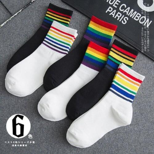 1pair Winter Womens Sports Socks Cycling Socks Cotton Rainbow Stripes Socks Christmas Fashion Warm Socks for Christmas Gifts