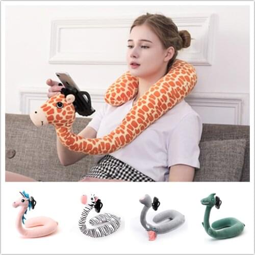 2 In 1 Mobile Phone Holder for iPhone Foam Neck Pillow Travel Pillow Animal U-Shaped Sleep Neck Protecer with Phone Fix Holder