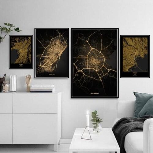 Poster Amsterdam Tokyo Barcelona Modern World City Gold Map Tour Paintings Canvas Print Art Wall Pictures For Living Room Home