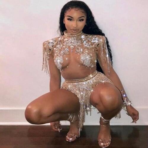 See Through Shining Big Crystals Mesh Sexy Bodysuit Sparkly Rhinestones Chains Fringes Outfit Nightclub Party Wear costume