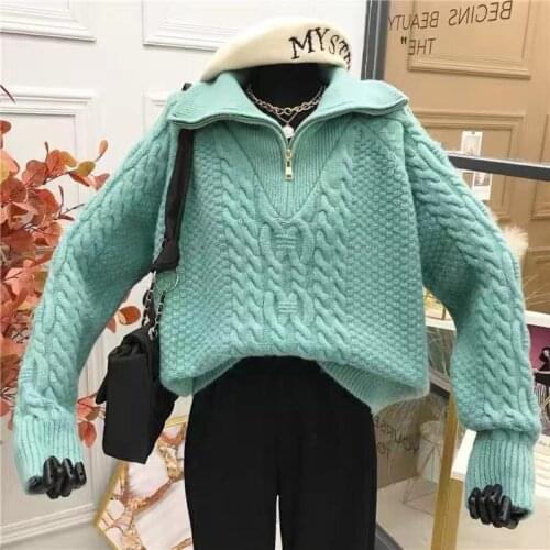 Knitted Pullover Turn-down Collar Long Sleeve Tops Loose Korean Women Sweater 2021 Autumn Winter Casual Warm Solid Jumpers
