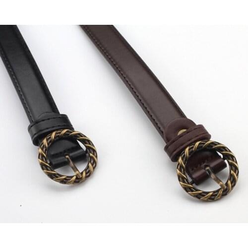 Women Men Belts Imitation Leather Retro Alloy Round Buckle Thin Belt Black Casual Jeans Accessories