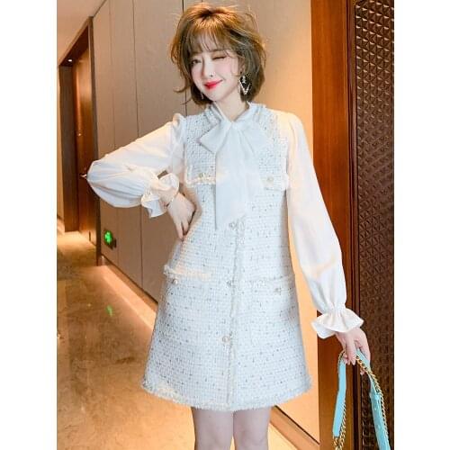 Bow neck flared sleeve shirt+Tweed pearl button vest skirt two piece womens suit 2021 High Quality Top Quality