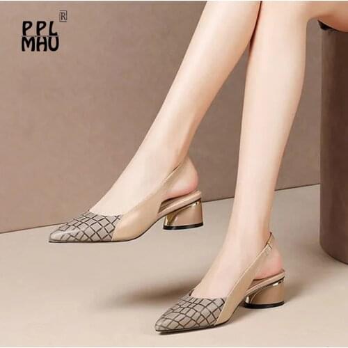 PU Leather Pattern Grid Pointed Top Sandals Elegant Low-Heeled Slip-On Office Lady Single Shoes Sexy Women Shoes Mature Slippers