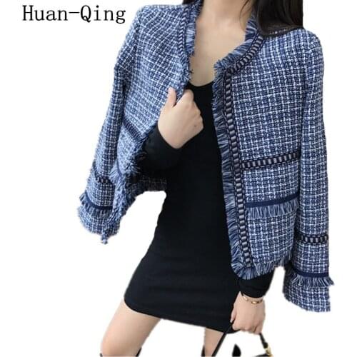 Fashion Small Fragrance Tassel Tweed Jacket Plaid Coat Autumn Long Sleeve Open Stitch Jacket Outerwear Women Windbreaker Jackets