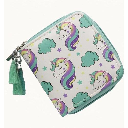 M154 Women Short Type Hand Wallets Cartoon Unicorn Printing Short PU Leather Wallet Ladies Clutch Tassels Coin Card Bag