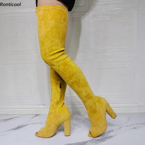 Ronticool Handmade Women Spring Crotch Boots Faux Suede Side Zipper Block Heel Open Toe 9 Colors Party Shoes Women Us Size 5-20