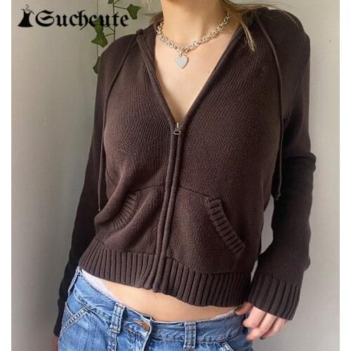 SUCHCUTE Female Cardigan Zippers Solid Casual Coats Vintage Women Long Sleeve Knitted Winter Clothes Streetwear Sweater Coat Y2K