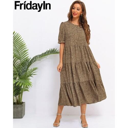 Fridayin Women Elegant Ruffles Floral Bohemia Casual Dress Leopard Print Brown Loose Short Sleeve O-Neck Vestidos